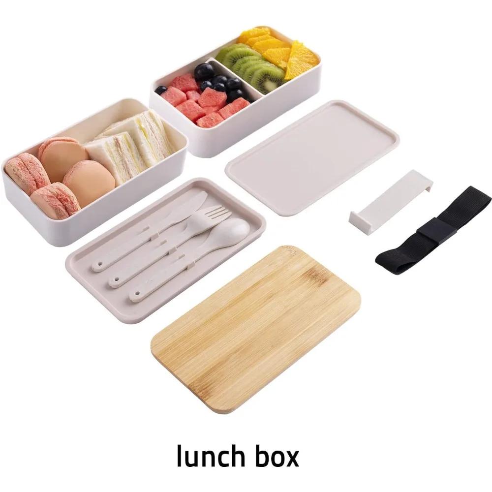 1 x tragbare, auslaufsichere Lunchbox aus Holz mit Geschirr, Bento-Box im japanischen Stil, 1200 ml, perfekt für Schule, Angeln und Camping
