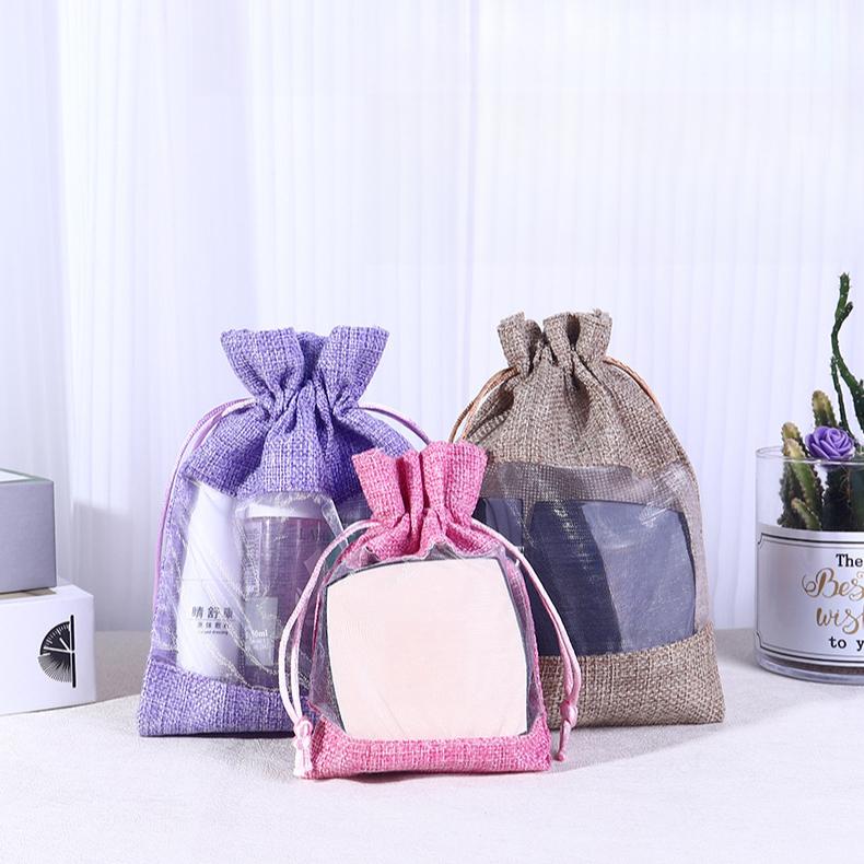 20pcs Linen Drawstring Bags Window Bags Spliced Mesh Bags Cosmetic Sorting and Storage Bags Gauze Bags Drawstring Bags