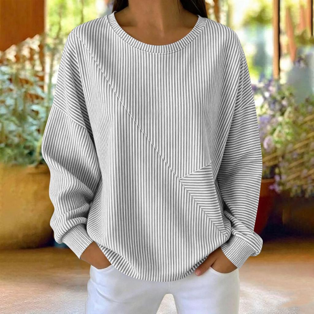 Sweatshirt à rayures pour femme, col rond, manches longues, haut pull décontracté