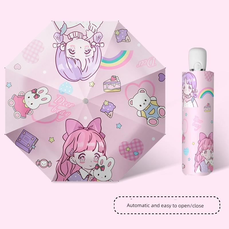 Strawberry Rabbit Safety Anti-Rebound Kids Umbrella Primary School Girls Rain and Rain Dual-Use School Dedicated Foldable Self-Opening Umbrella