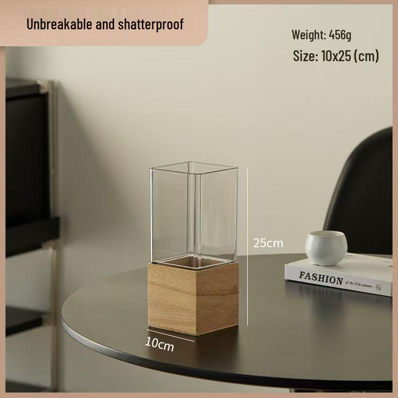 Cross-Border Wooden Base Acrylic Straight Tube Vase for Elegant Living Room Decor