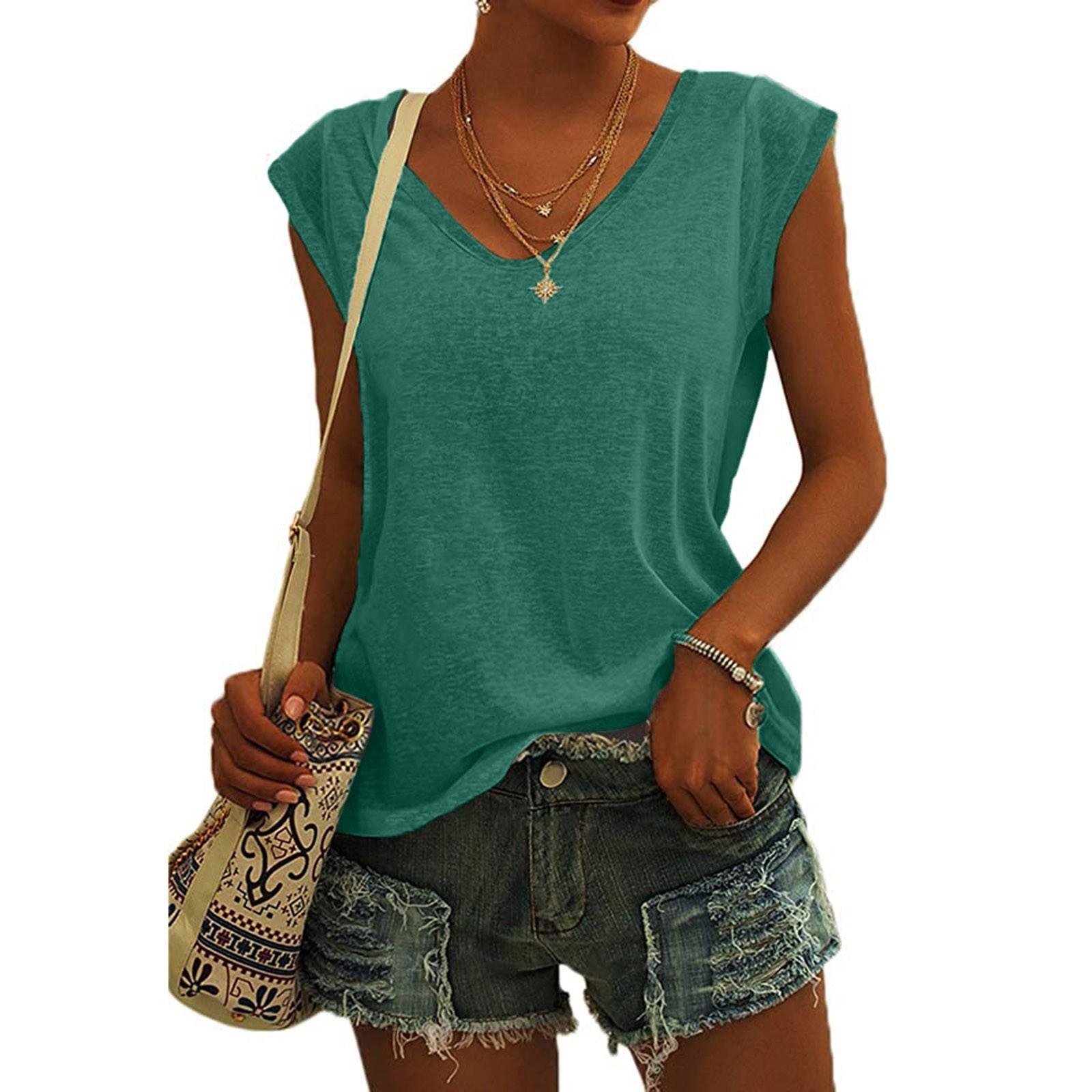 

Women s V-Neck T-Shirt Casual Cap Sleeve Vest Loose Blouse Fit Tank Tops M