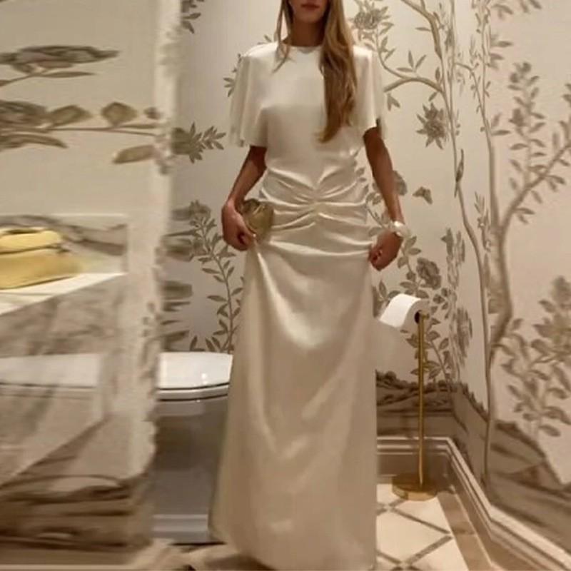 New European American Style Pure Color Pleated Waist Backless Dress L