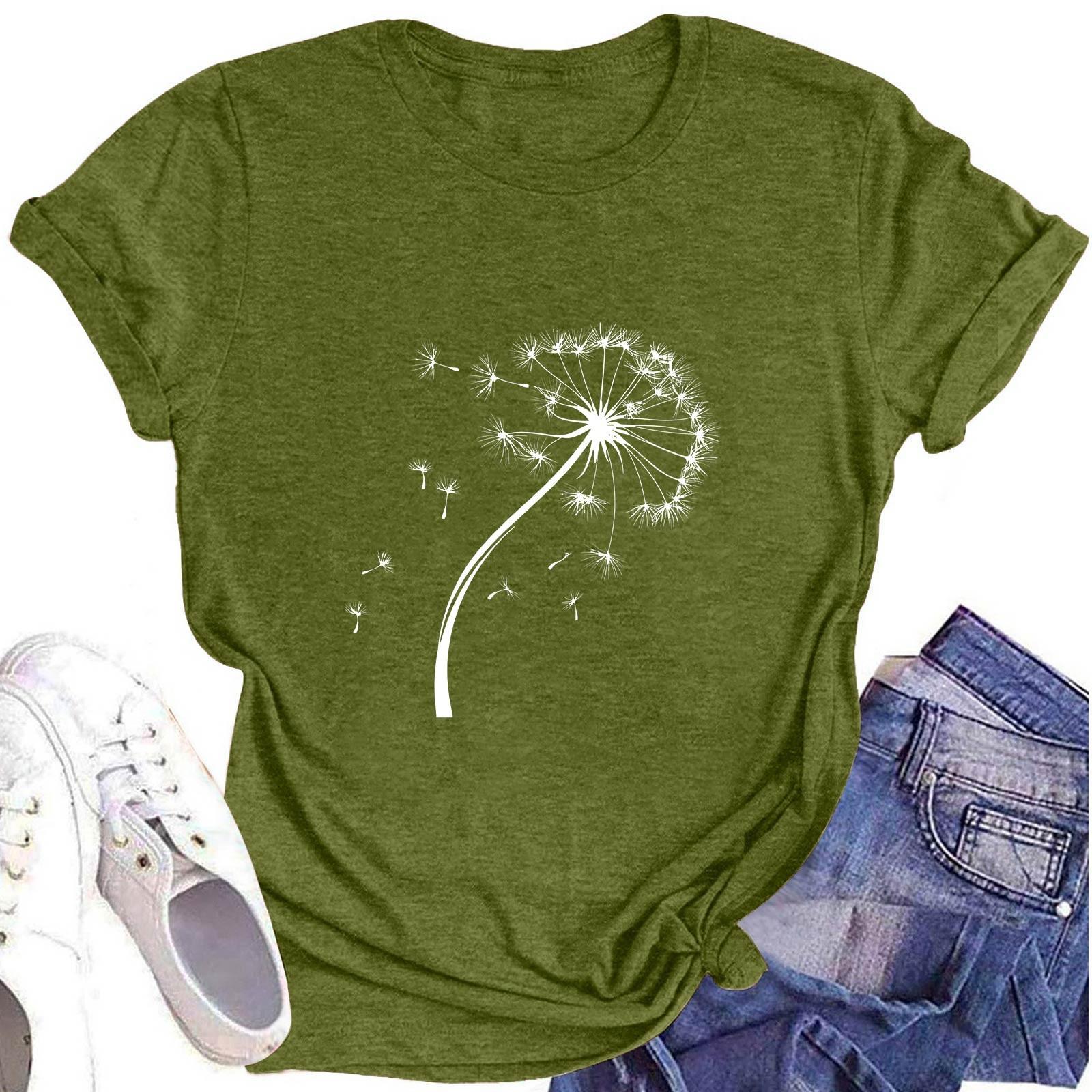 

Женская модная футболка с круглым вырезом и коротким рукавом, повседневный топ с цветочным принтом L армия зеленый