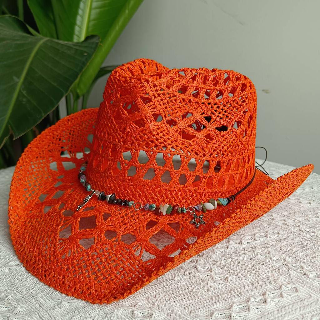 2026straw New cowboy hat women'shollow woven cowboy straw hat retro elegant western cowboy wide brim hat