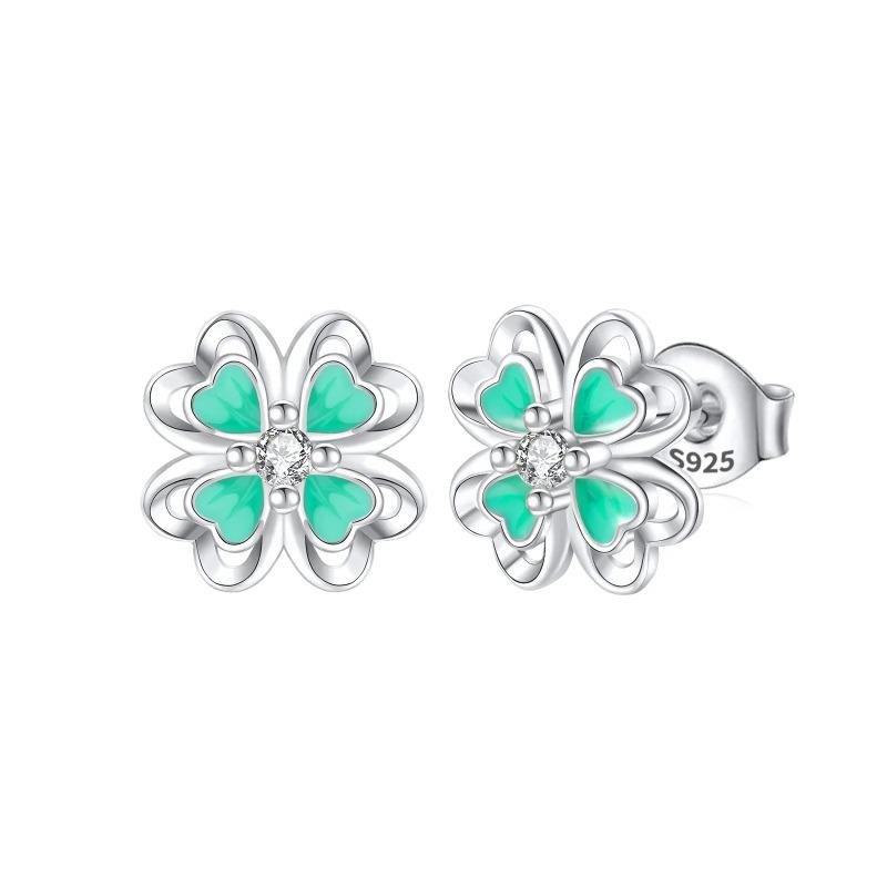 925 Sterling Silver Green Four Leaf Clover Horseshoe Charm Earrings Pendant Necklace Bracelet Jewelry Set