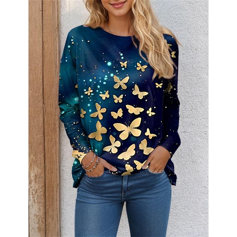 Autumn Women's T-shirt 3D Floral Butterfly Print Fashion Long Sleeve Round Neck Regular Tops Holiday Weekend Spring and Autumn Clothing