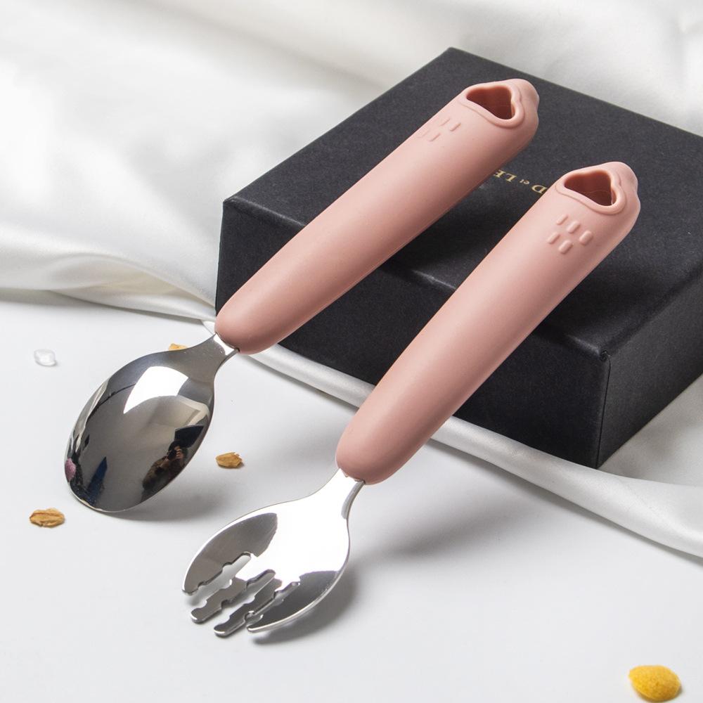 Cute Independent Eating Children s Fork and Spoon Cover Children s Rice Spoon Baby 316 Stainless Steel Fork Silicone Handle розовый