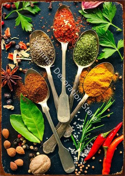 Kitchen Themed Wall Art Decor Colorful Spice and Spoon In Table Metal Tin Sign Food Cooking Ingredients Metal Art Print Decor