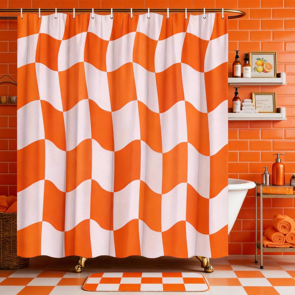 Modern Geometric Shower Curtain Pink and White Wavy Checkered Design Stylish Bath Curtain for Girls’ Room and Contemporary Decor