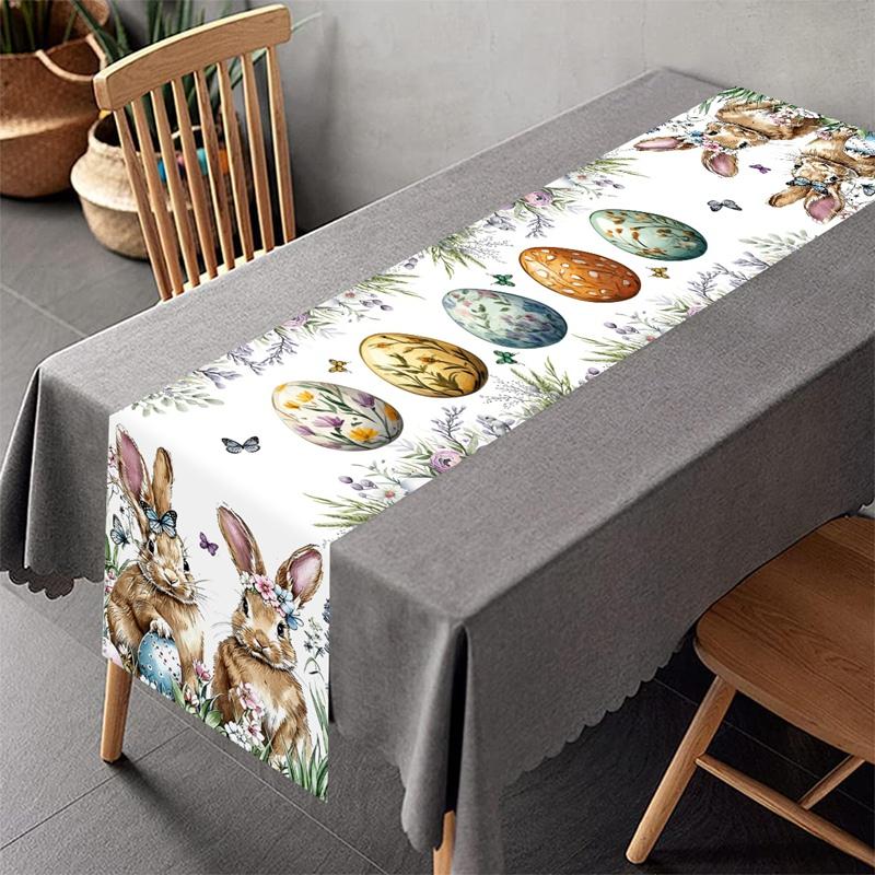 Easter Bunny Table Runner Rabbit Eggs Flower Table Cover Spring Holiday Easter Decorations For Home Kitchen Dining Table Decor