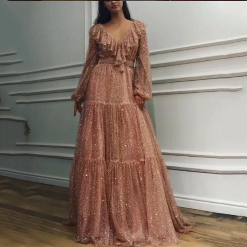 Rochie de seară pentru femei europene și americane, primăvară/vară 2025, sexy, cu decolteu în V, cu accente aurii, cu mânecă lungă