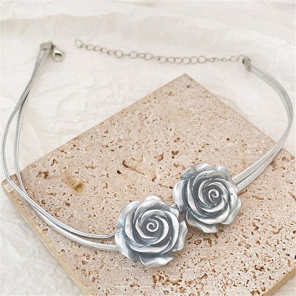 Tooxika Cool Style Silver Grey Double Layer Rose Flower Necklace Sweet Cool Hottie Choker Collarbone Chain Necklace