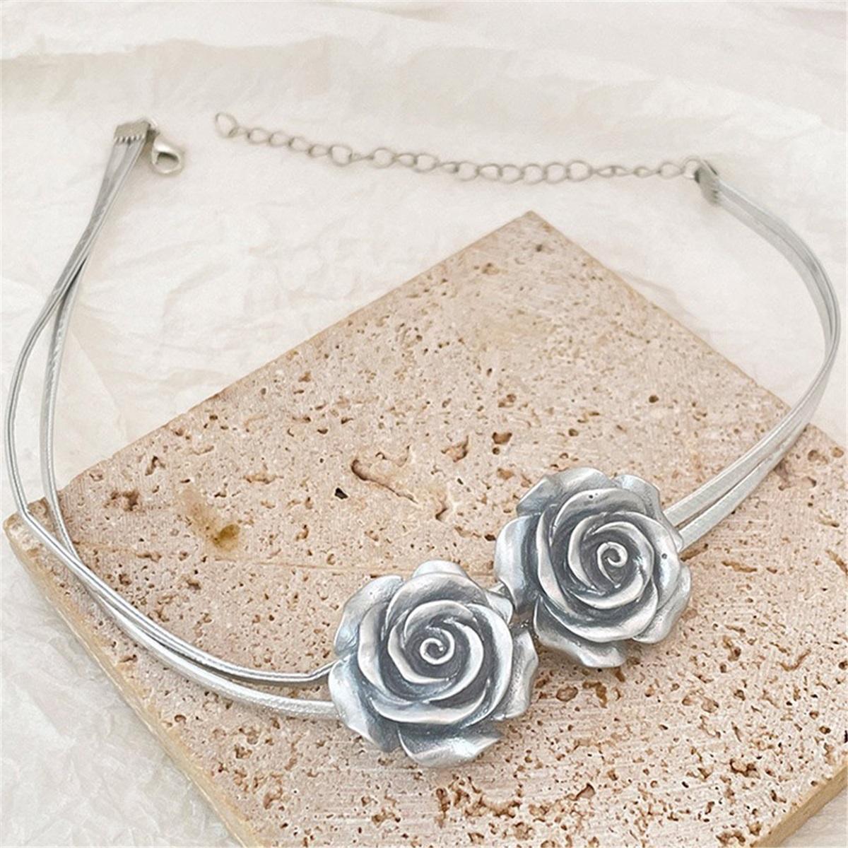 

Tooxika Cool Style Silver Grey Double Layer Rose Flower Necklace Sweet Cool Hottie Choker Collarbone Chain Necklace