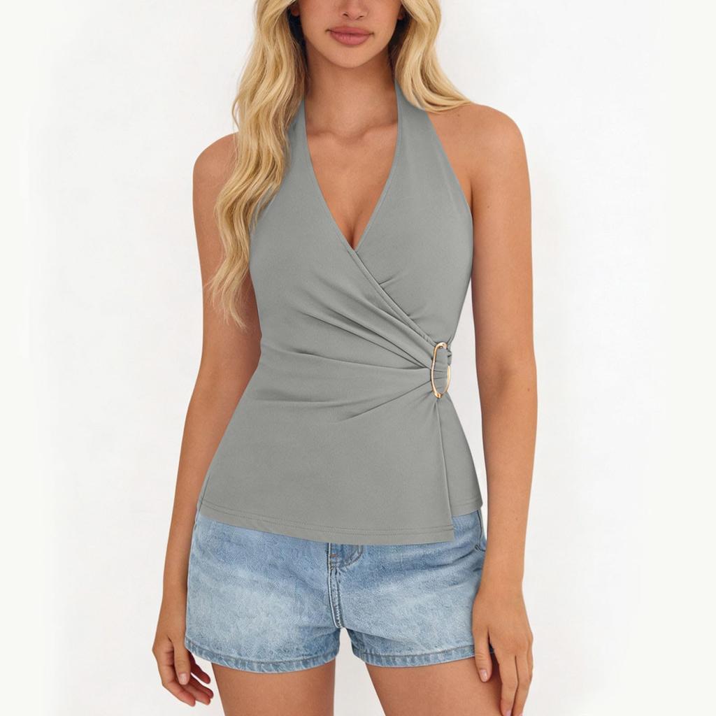 Women's Fashionable Plain Sleeveless V-neck Sexy Cross-Back  Top