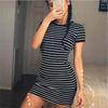 Women Striped Bodycon Dress Summer Short-sleeved Casual Dress Round Collar Beach Holiday Dress