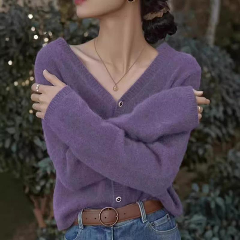 Autumn and winter new v-neck sweater cardigan women's coat lazy wind with loose soft waxy knitted sweater