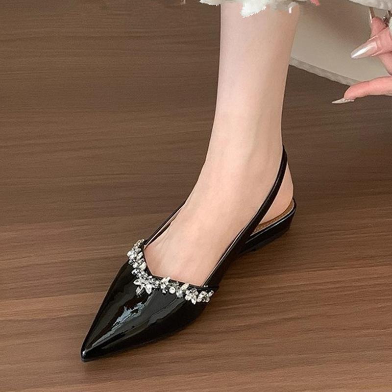 Single Shoes Rhinestone Women's Flat Shoes Celebrity with Femininity Shallow Mouth Pointed Skirt 2025 New Bag Head Sandals Women's Summer