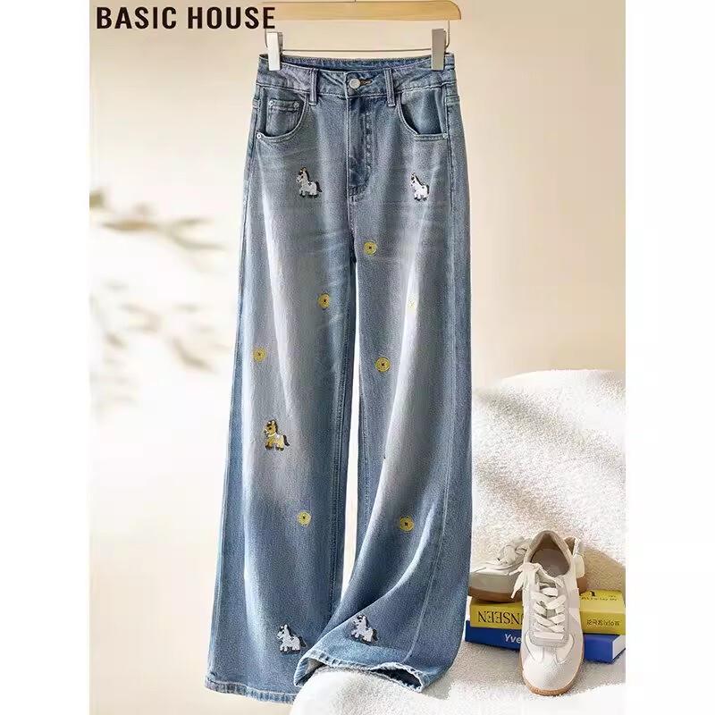 Basic House Women s Retro Blue Cartoon Embroidered High-Waist Straight Jeans M