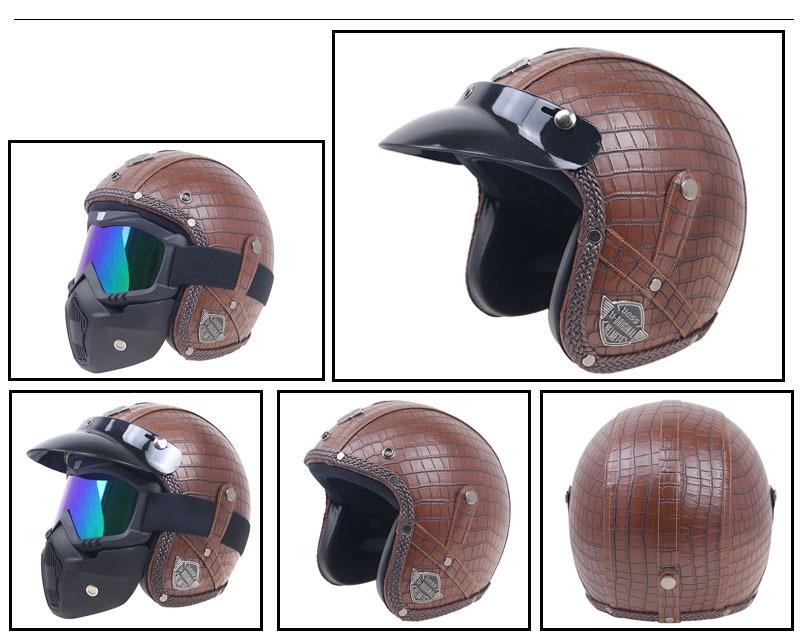 Retro Leather Motorcycle Half Helmet with Visor