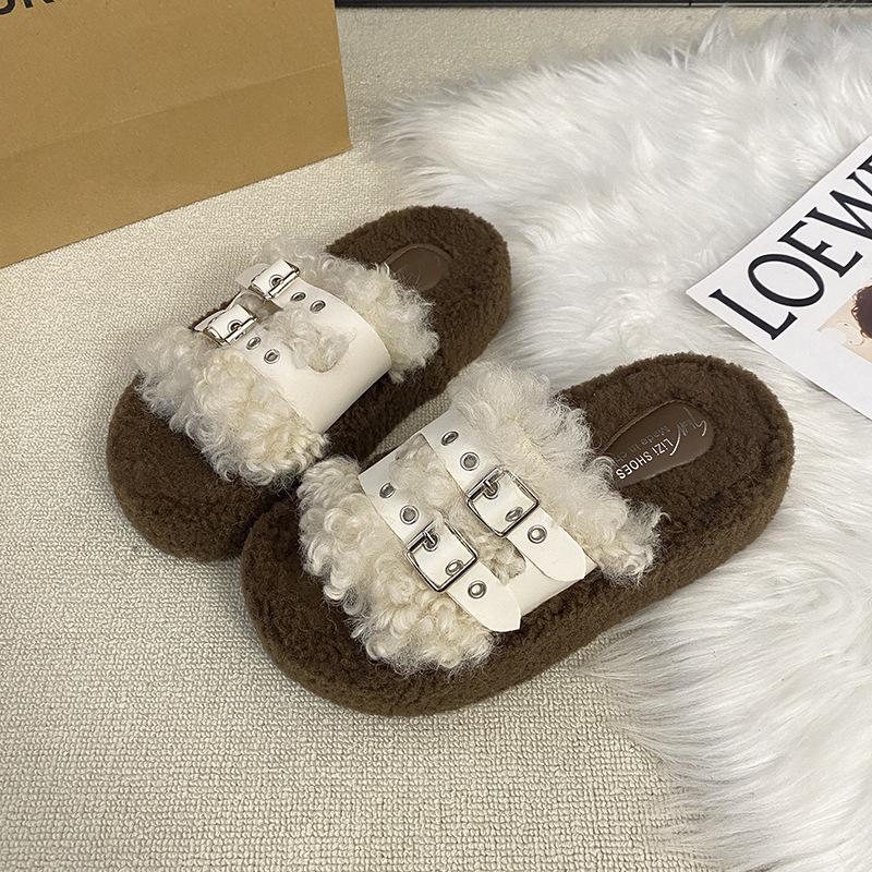 Thick bottom fluffy slippers women wear 2025 autumn and winter new high-end fashion belt buckle Internet celebrity non-slip cotton mop