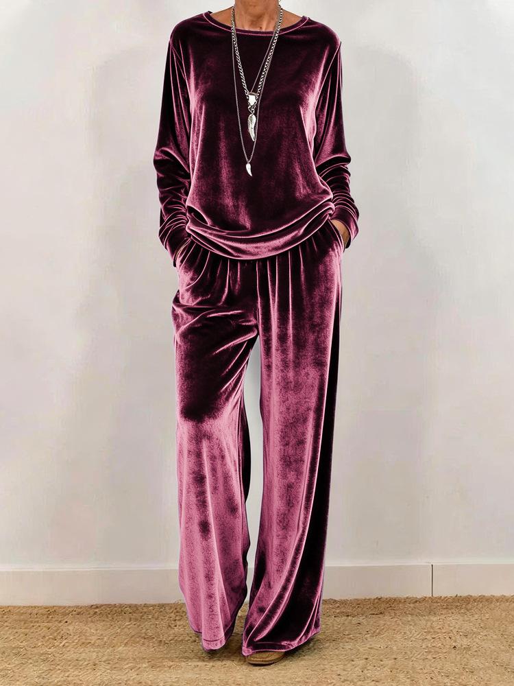 Women's Velvet Long Sleeve Top and Wide Leg Pants Set In 5 Colors