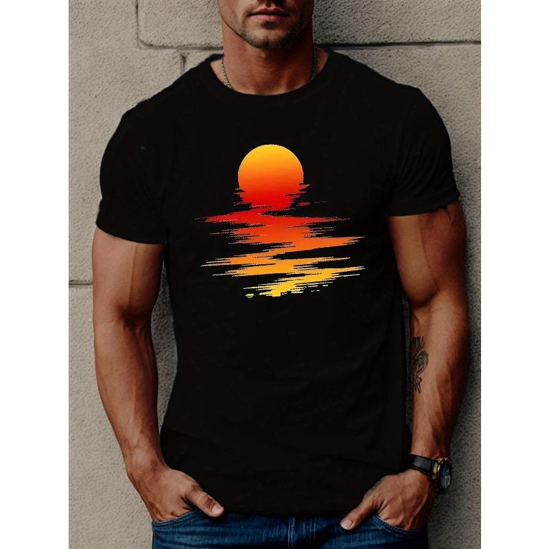 

European Size Men S Casual Crew Neck T-Shirt with Geometric Sun Pattern, Polyester Knit Fabric, Slight Stretch, Regular Fit, Summer Top - 150gsm 4XL чорний