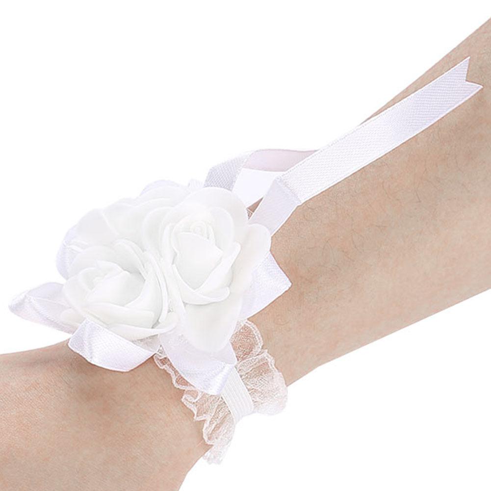 Wunderschöne Handblume Braut Brautjungfer Handgelenks-Korsage Abschlussball Hochzeitsdekorationen(Weißes Band)