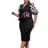 Large Size Women Fashion Mid Sleeves Patchwork Dress Ladies Elegant One Piece V Neck Sheath Dress