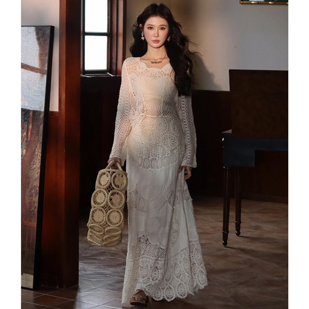 DIMANAF 2025 Skirt Suit Women  Beach Short Sleeve Lace Knitting Hollow Out Sexy O-Neck Hollow Summer Style Tops Tees Loose Basic