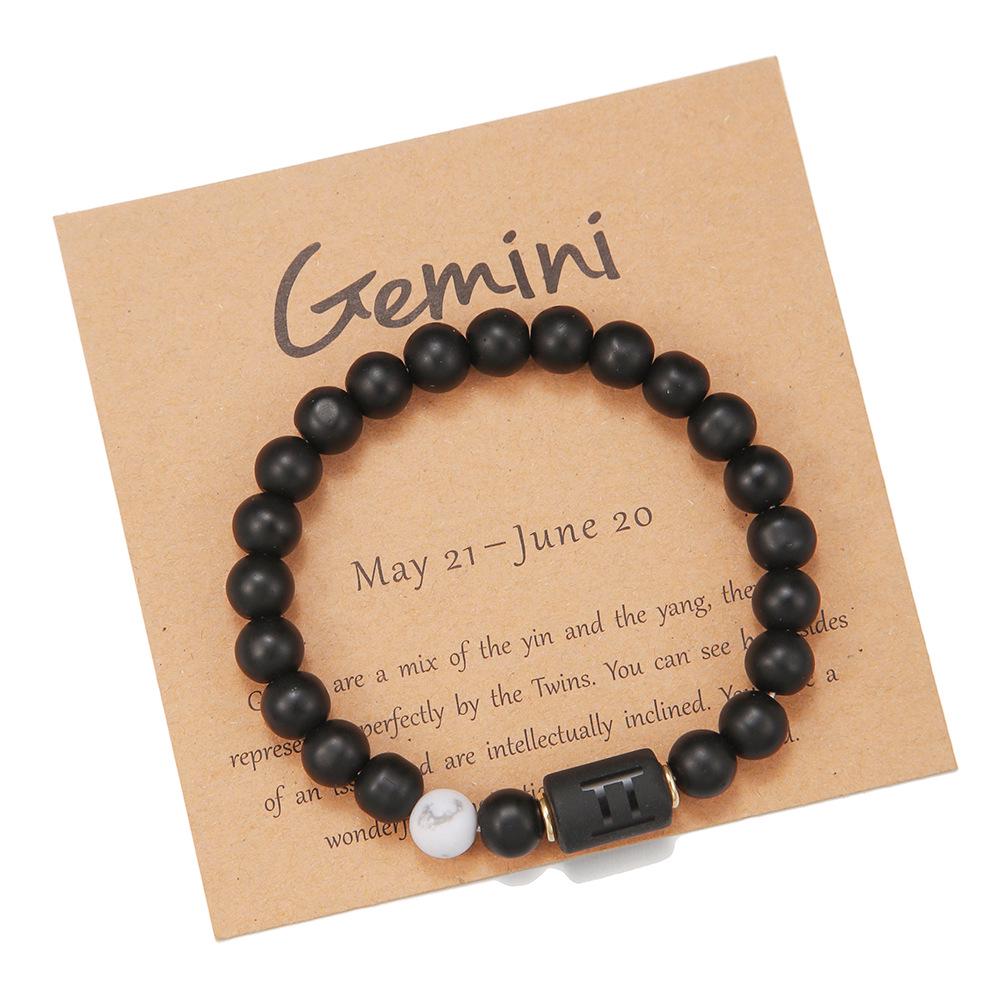 Black Matte Agate Beaded Bracelet with Zodiac Signs - Elastic Buddhist Couple Design