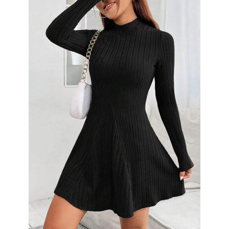 

Осенне-зимнее платье с длинным рукавом, полуворотником, А-силуэта, короткое, приталенное по талии, с полосками под мышками, А-силуэта, для вечеринок, женское, повседневное, женская простая одежда M чёрный