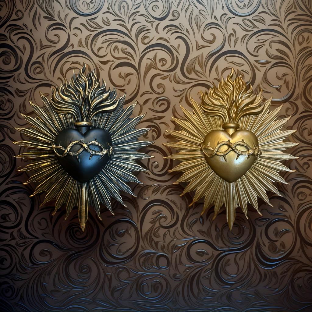 1pc Gothic Sacred Heart Wall Plaque-Religious Home Decor with Golden Rays, Resin Catholic Wall Hanging-Ornate Chapel Decoration