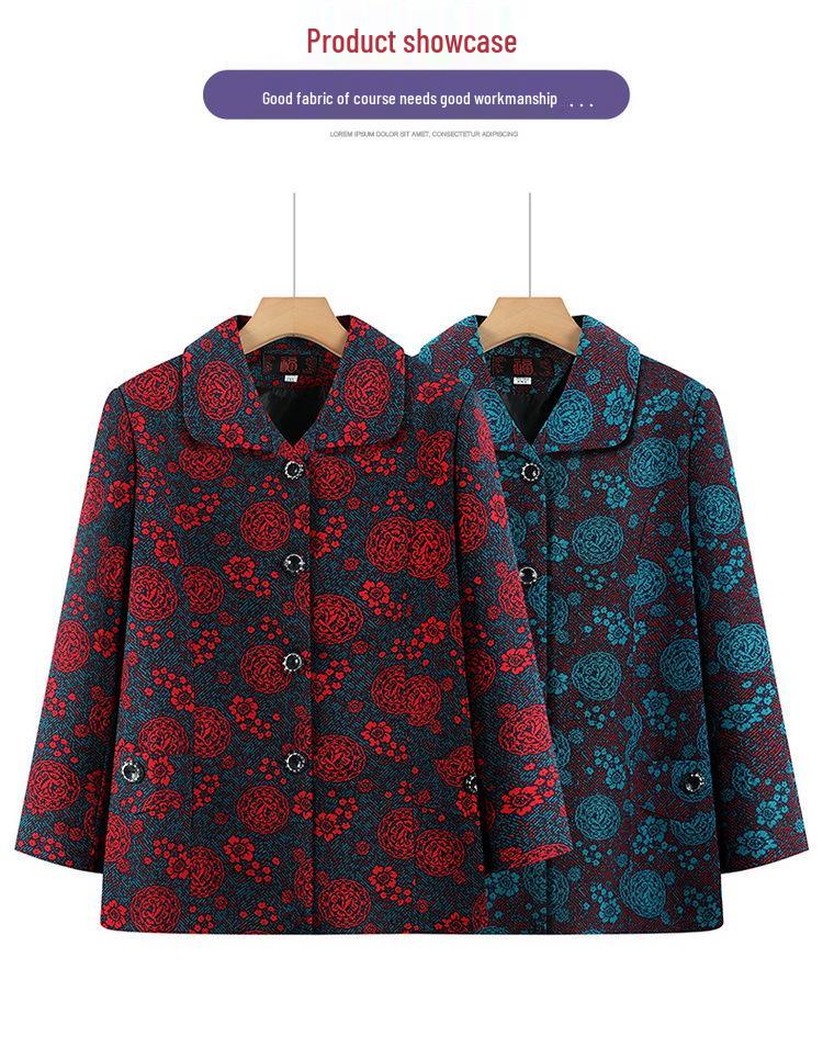 2026 Plus Size Printed Jacket for Middle-aged and Elderly Women, Spring/Autumn, Loose & Slimming, Lapel Top