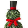 Christmas Snowman Topiary Artificial Snowman Shaped Topiary Tree Pot with Red Bow Santa Hat for Indoor Outdoor Home Porch Yard Holiday Decor
