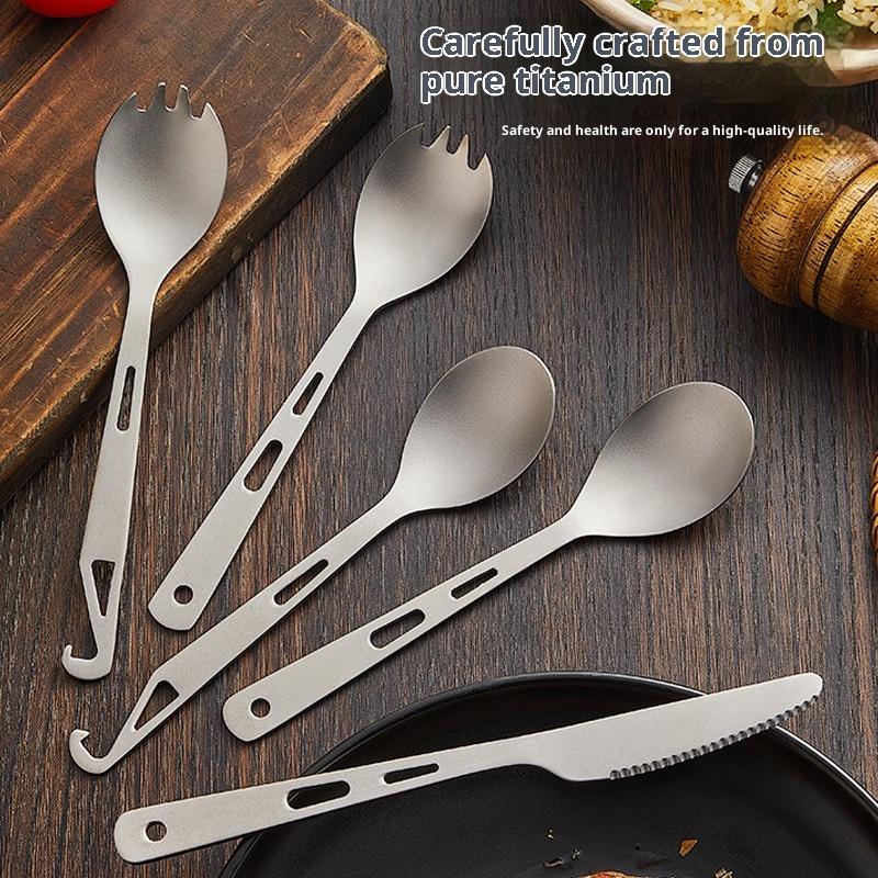 2 In 1 Outdoor Titanium Spoon Camping Tableware Portable Bottle Opener Camping Picnic Dinner Spork Fork For Travel Backpacking
