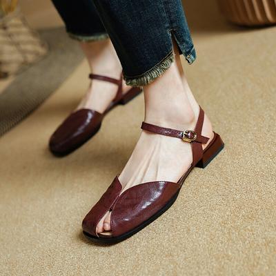Fashion Summer Women Sandals Genuine Leather Shoes for Women Square Toe Low Heel Shoes Concise Cover Toe Slingback Sandals  Casual Shoes