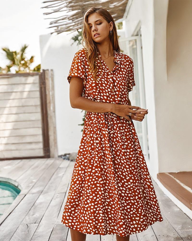 Europa, América, vestido largo nuevo de verano con cuello en V, temperamento fresco, vestido de lunares con botones y cordón