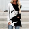 Plus Size Women Spring Cat Printed Comfy Long Sleeve Round Collar T-shirt Casual Baggy Mid Length Tee Tops