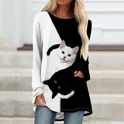 Plus Size Women Spring Cat Printed Comfy Long Sleeve Round Collar T-shirt Casual Baggy Mid Length Tee Tops