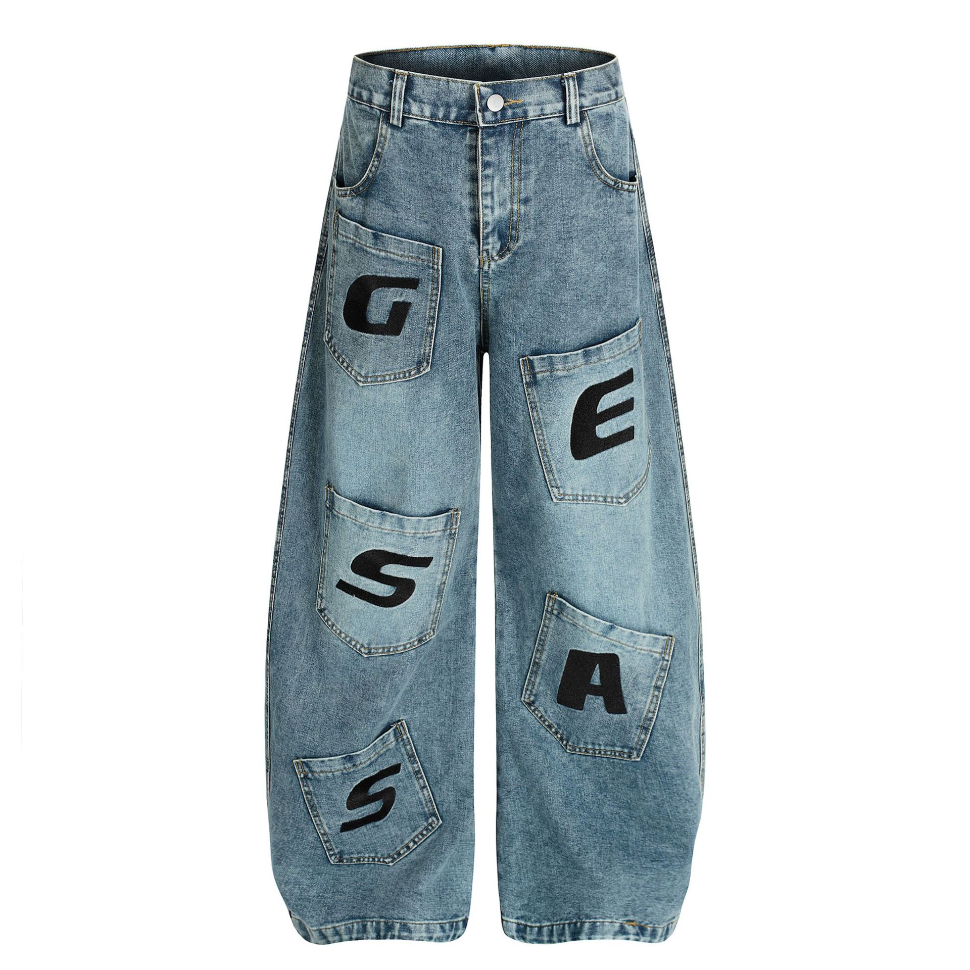 Men s autumn American retro multi-pocket scimitar jeans men s vibe wide-leg pants S синий