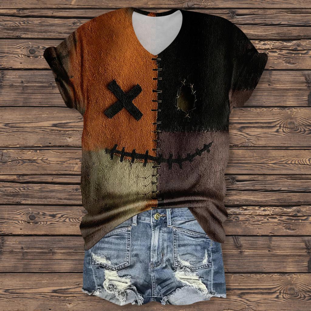 Women's Fashion Casual Three-quarter Sleeve Halloween Letters,  Face Print Top