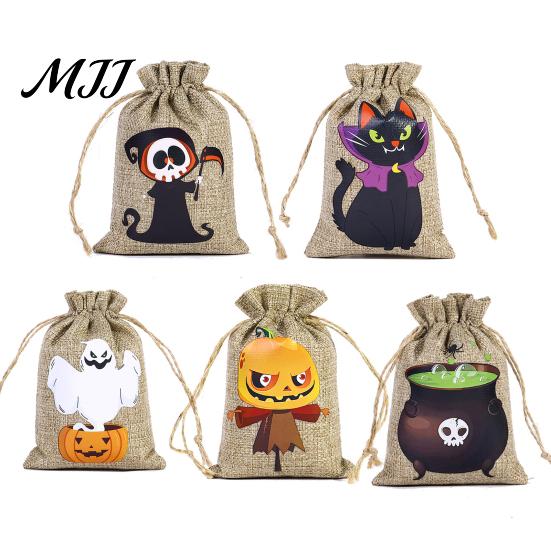 Pumpkin Theme Party Supplies 2PCS Halloween Drawstring Treat Bags, Cartoon Faux Linen Trick or Gift Pouches Sacks, Kids Candy Storage for Favors Cute