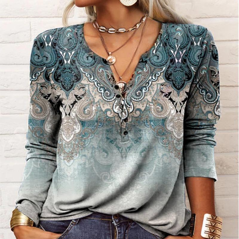Herbstknöpfe Halboffener Kragen Ethno Bohemian Mittellang bis Lang T-Shirt Damen Langarm Übergröße Top