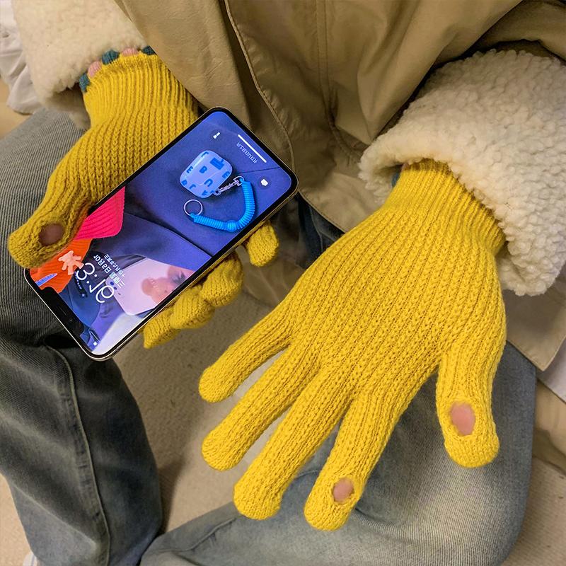 Autumn And Winter  Wool Knitted Gloves Fingerless Women'S Solid Color Warm Windproof Cycling Gloves With Touch Screen