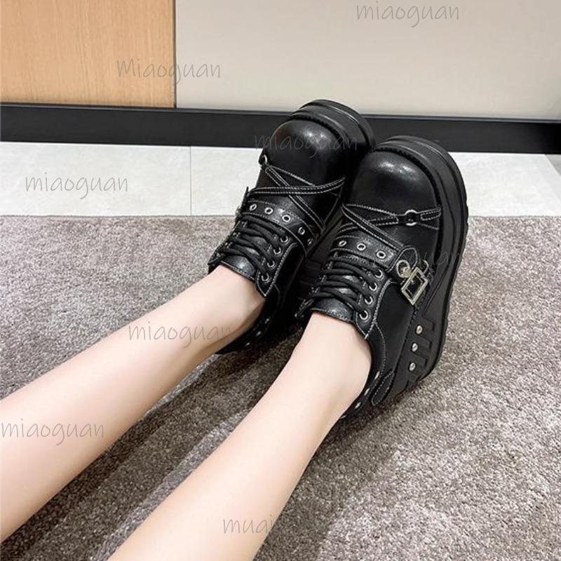 Zapatos de Plataforma Gruesa para Mujer Tacón de Cuña con Cordones Caña Alta Zapatillas Casuales Negras Versátiles Aumentadores de Altura Zapatos de Tacón de Moda Talla35