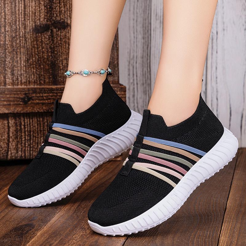 Women's Versatile Plus Size Slip-on Breathable Mesh Flyknit Shoes - Fashionable Spring Style Casual Footwear for Mothers