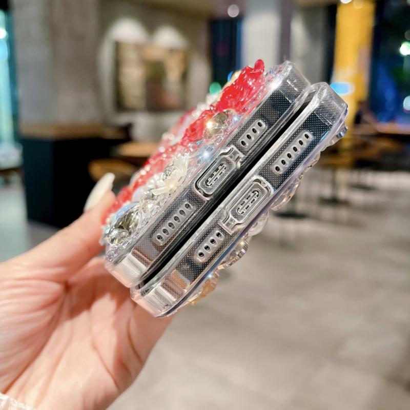 Husă pentru iPhone 12/12 Pro, Decor cu Flori Roz, Perle, Strasuri, PC+TPU, Acoperire Telefon