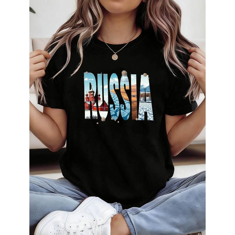 

Женская футболка с принтом русского пейзажа и букв, с круглым вырезом, повседневная, с коротким рукавом, весна, лето, уличная одежда S
