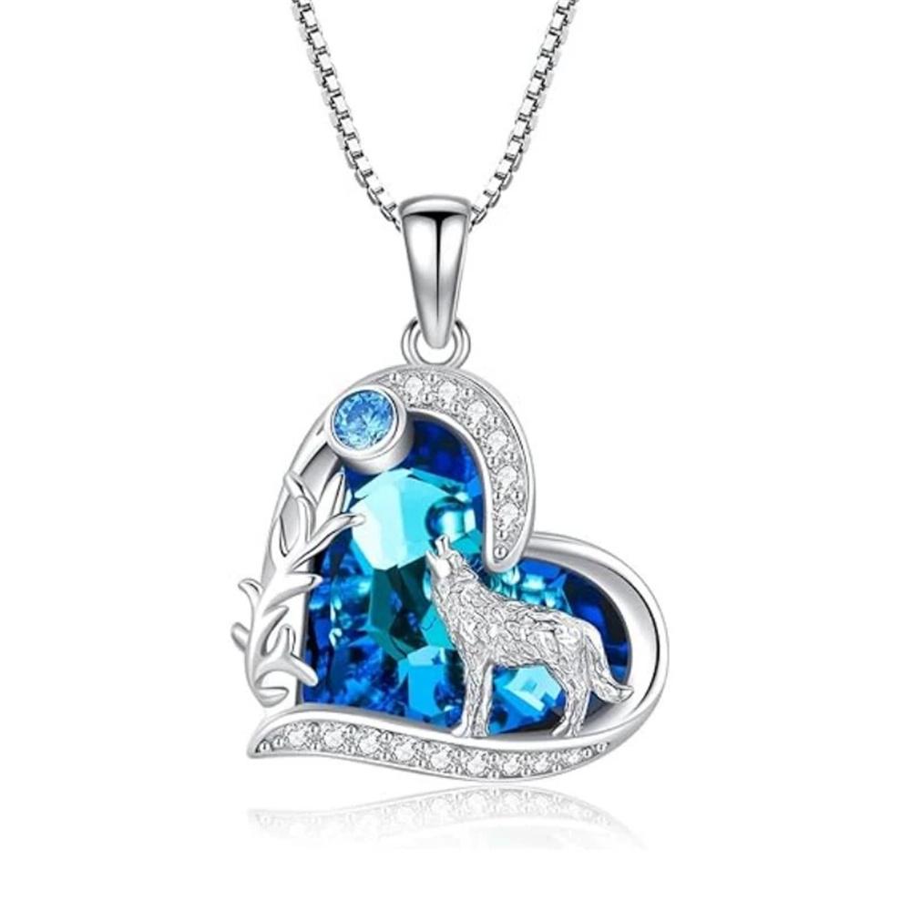 Charm Female Crystal White Blue Moon Stone Heart Pendant Necklace Vintage Silver Color Wedding For Women